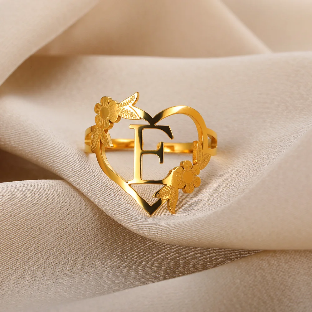 Stainless Steel Initials Flower Heart Rings Gold Color Adjustable Delicate Letter Leaf Rings for Women Girl Alphabet Jewelry