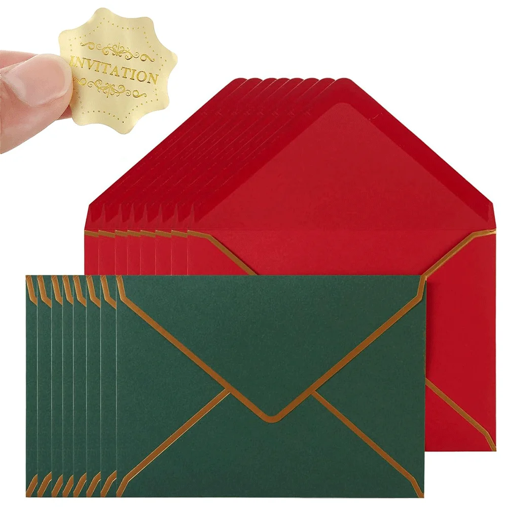 5 Stück/10 Stück Einladungsumschläge, dickes Papier, goldener Rand mit Aufklebern, Weihnachtsfarben, Rot/Grün, Hochzeit, Neujahr, Einladungskarte – Detail 5