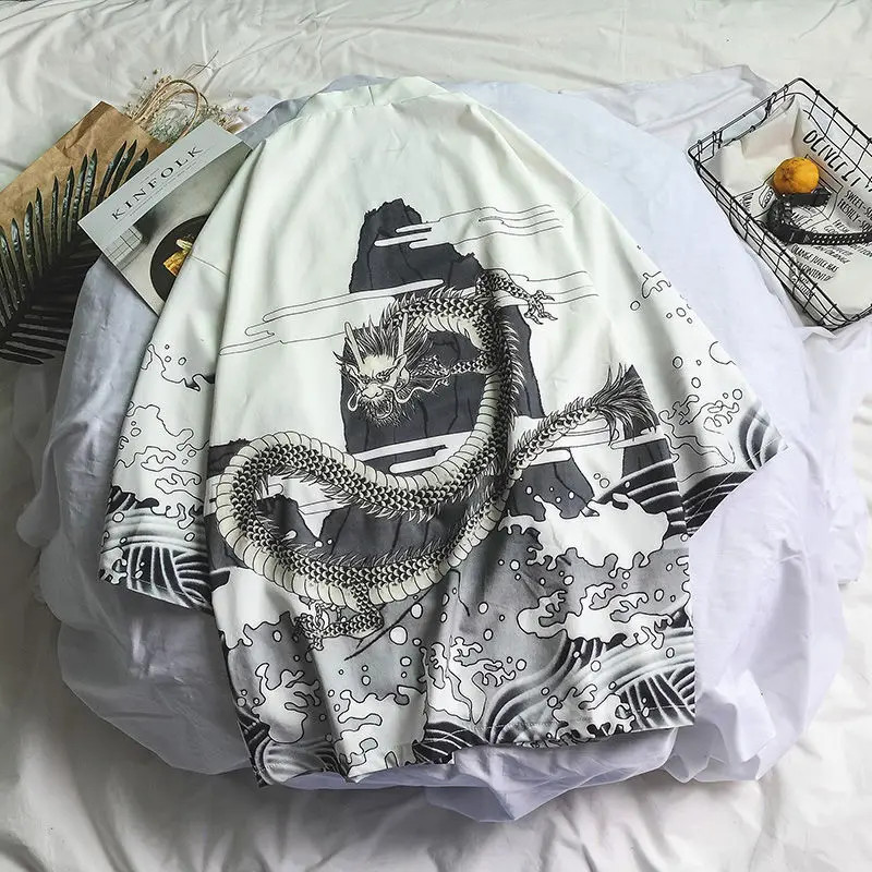 Men Spring Loose Hong Kong Style 3/4 Sleeve Kimono Cardigan Harajuku Streetwear men kimono cardigan
