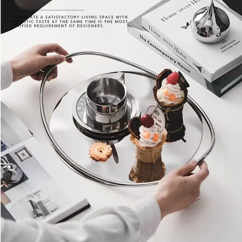 Oval Wooden Stainless Steel Tray Creative Oval Handle Storage Trays Metal Aromatherapy Mirror Cosmetic Storage Home Decorative 2