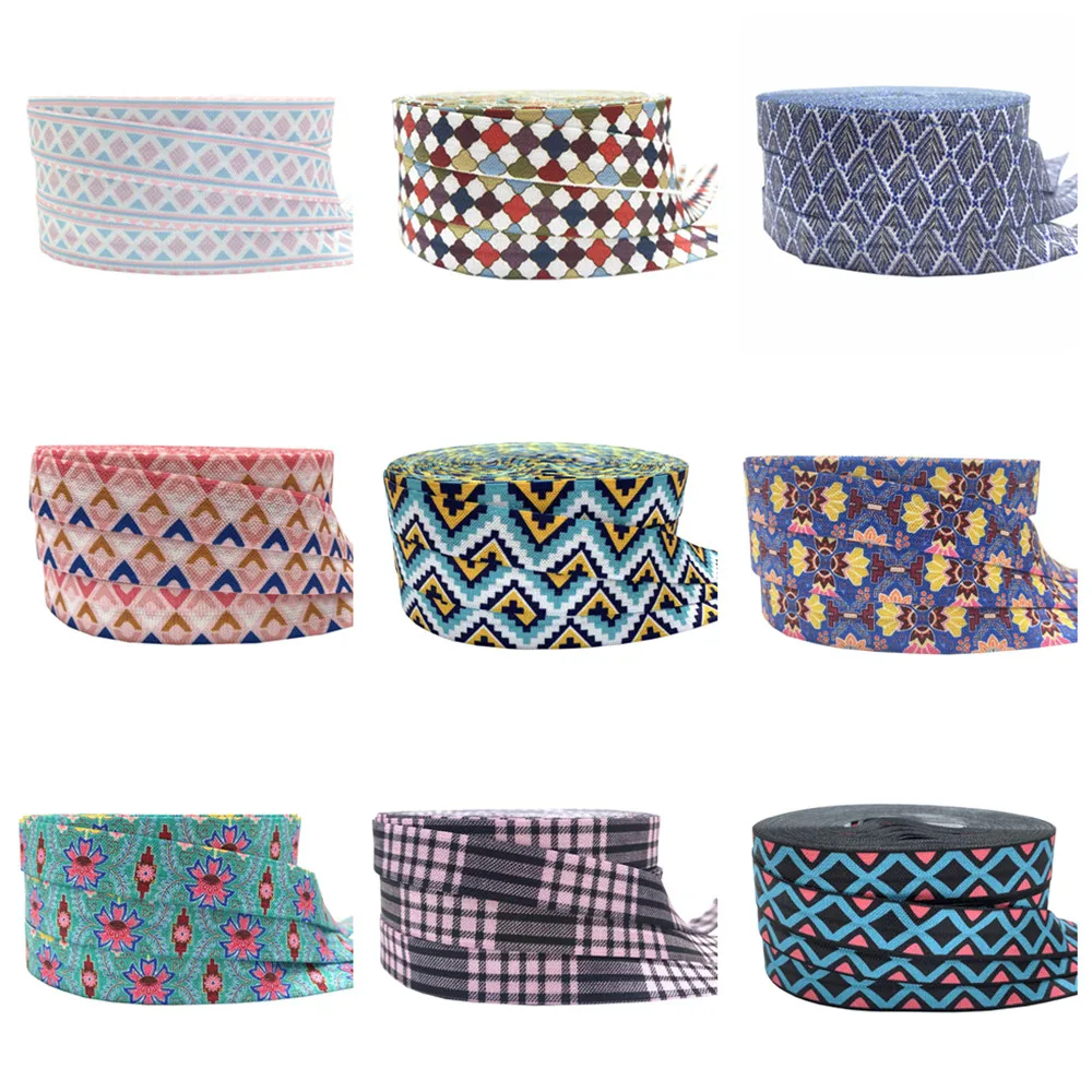 

10Yards 16mm Diamond Geometry Pattern Printed Fold Over Elastic Bands DIY Crafts Hair Tie Bracelet Accessories Party