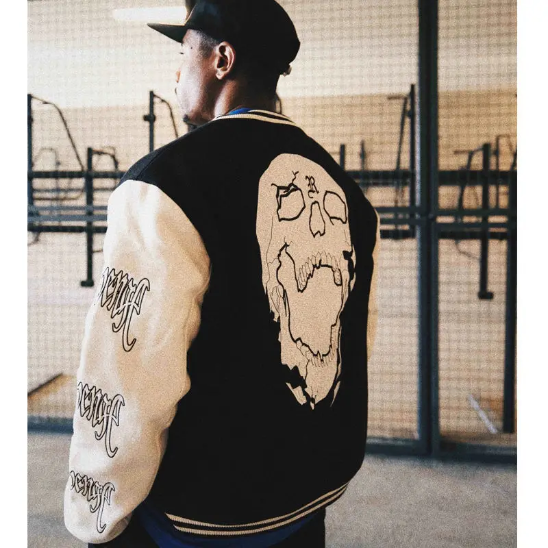 

Street Vintage Clothing Skull Embroidered Baseball Jacket Men's American Patchwork Letter Embroidered Loose Jacket Men's Fashion