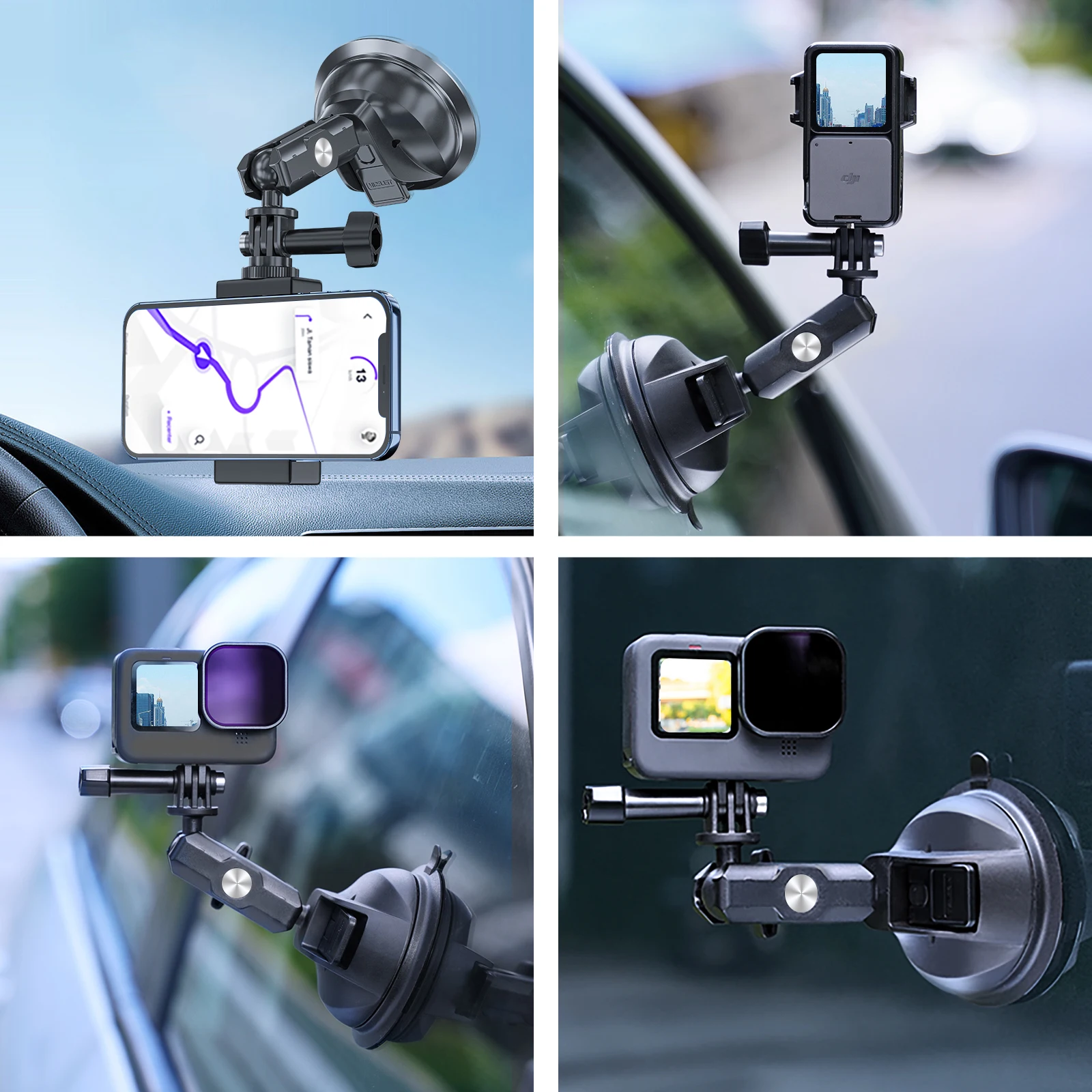 TELESIN 자동차 전화 액션 카메라 홀더 흡입 컵 360 GoPro Insta360 DJI 액션 스마트 폰용 조정 가능한 1/4 표준 어댑터
