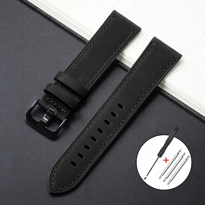 Vintage Brown Genuine Leather Watchband with Black Metal Buckle
