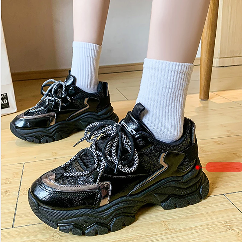 

Women's Shoes Fashion Chunky Sneakers Black Platform Shoes Breathable Casual Vulcanize Shoes Lace-up Walking Sneakers For Women