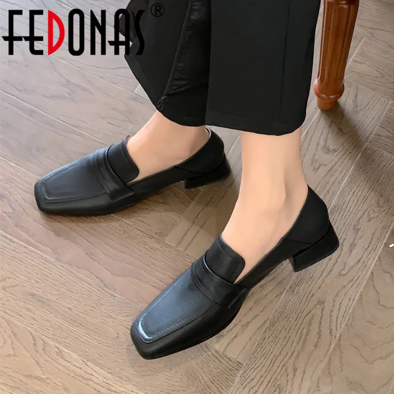 

Женские туфли на толстых каблуках FEDONAS, черные классические лоферы из натуральной кожи с квадратным носком, Повседневная рабочая обувь на весну-лето 2023