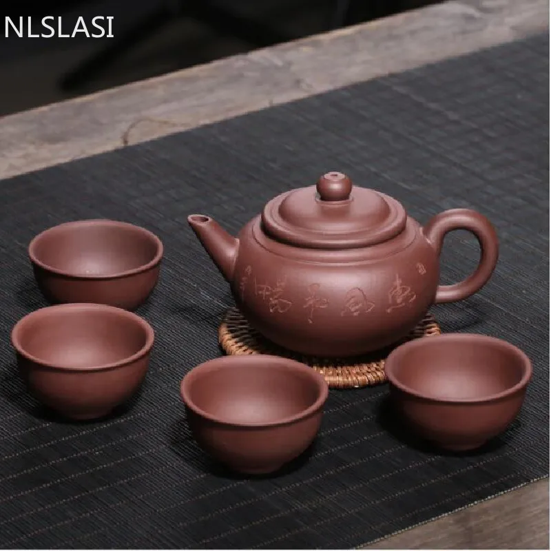 

Chinese Yixing Lettering Tea Sets Purple Clay Teapot Handmade Kettle Teacups Household Tea Ceremony Teaware with Teacup