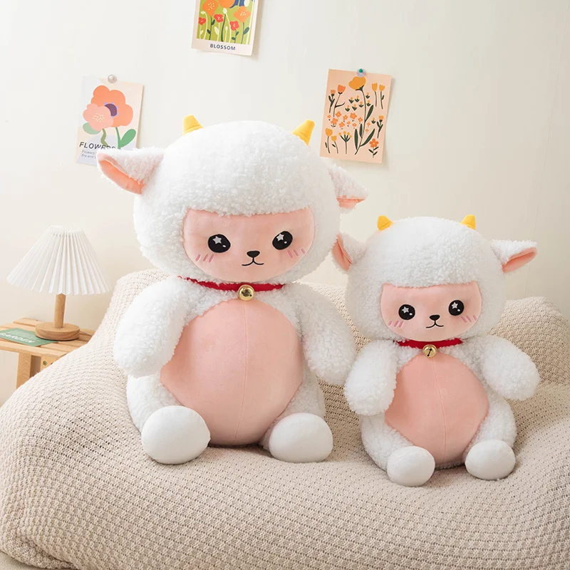25-65cm Creative Lovely White Sheep With Bell Plush Toys Cartoon Stuffed Animal Soft Lamb Doll Baby Accompany Sleep Pillow Gifts lovely newborn hospital hat preemie boys girls beanie solid with bear ears infant baby hats for spring autumn gift