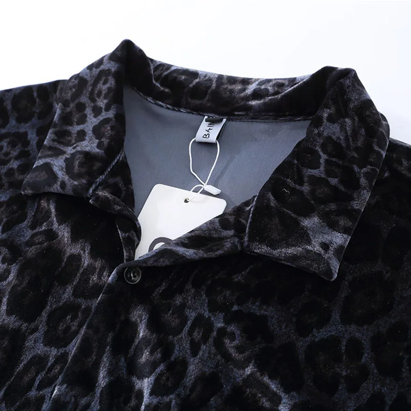 Fashion Velvet Leopard Casual Sets Mens Summer Hip Hop Streetwear Oversized Two-piece Short Sleeve Shirts and Shorts Suits Male