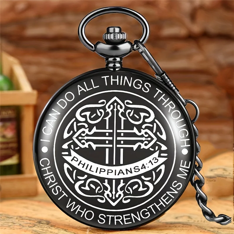 Black Bible Pattern Quartz Movement Pendant Chain Pocket Watch I Can Do All Things Through Christ Who Strengthens Me Timepiece i can do all things through christ christian t shirt