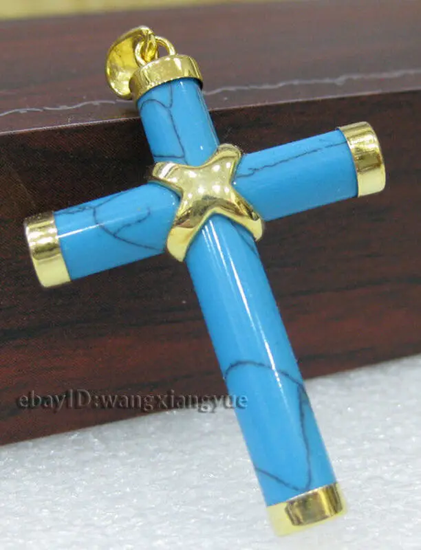 

Charming!23x35mm Blue Turkey Turquoise Gemstone Cross Pendant Necklace AAA Grade