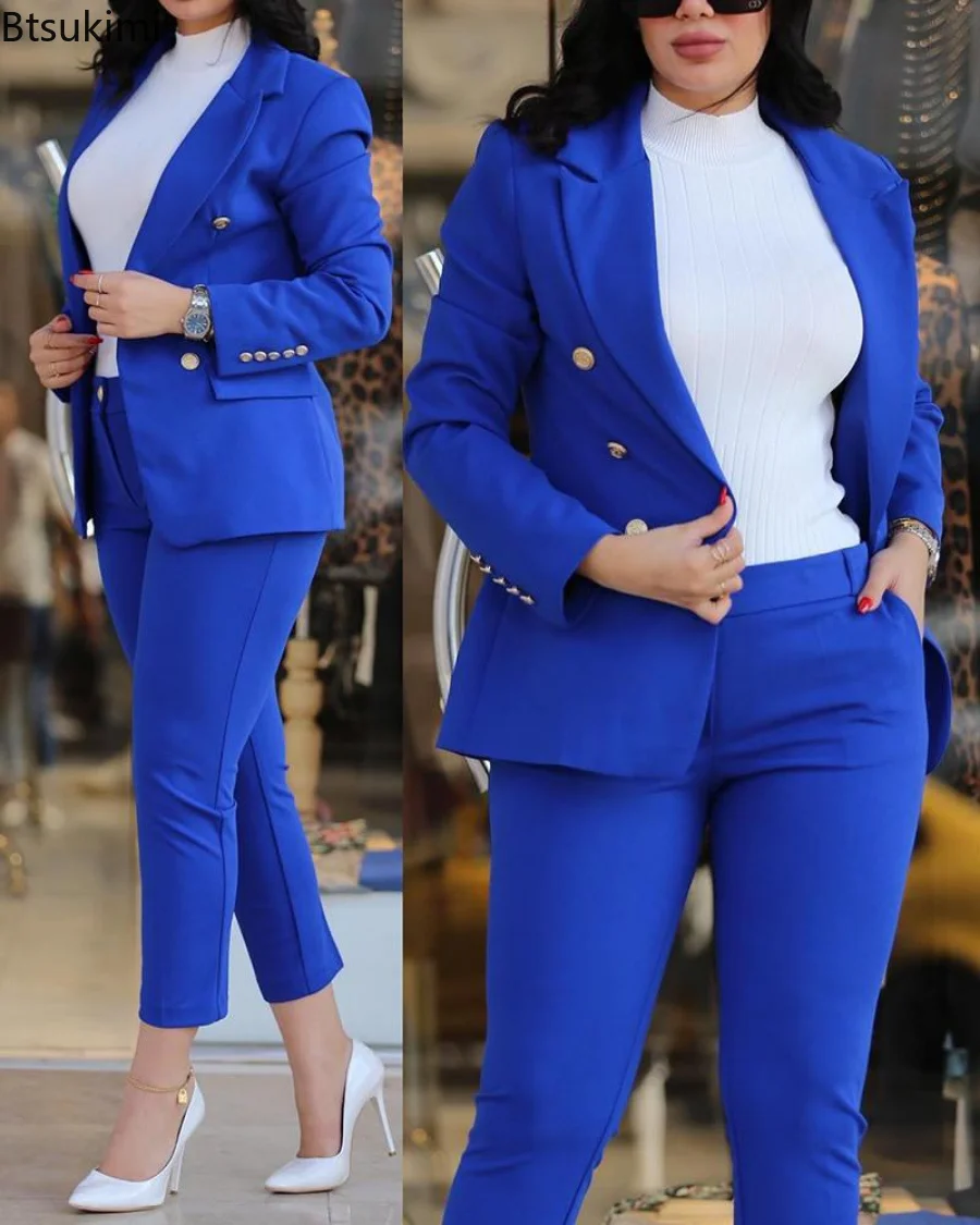aliexpress.com - New 2023 Formal Office Pant Sets Women 2PCS Double Breasted Solid Blazers Jacket and Pants Two Pieces Set Female Pant Suits Sets