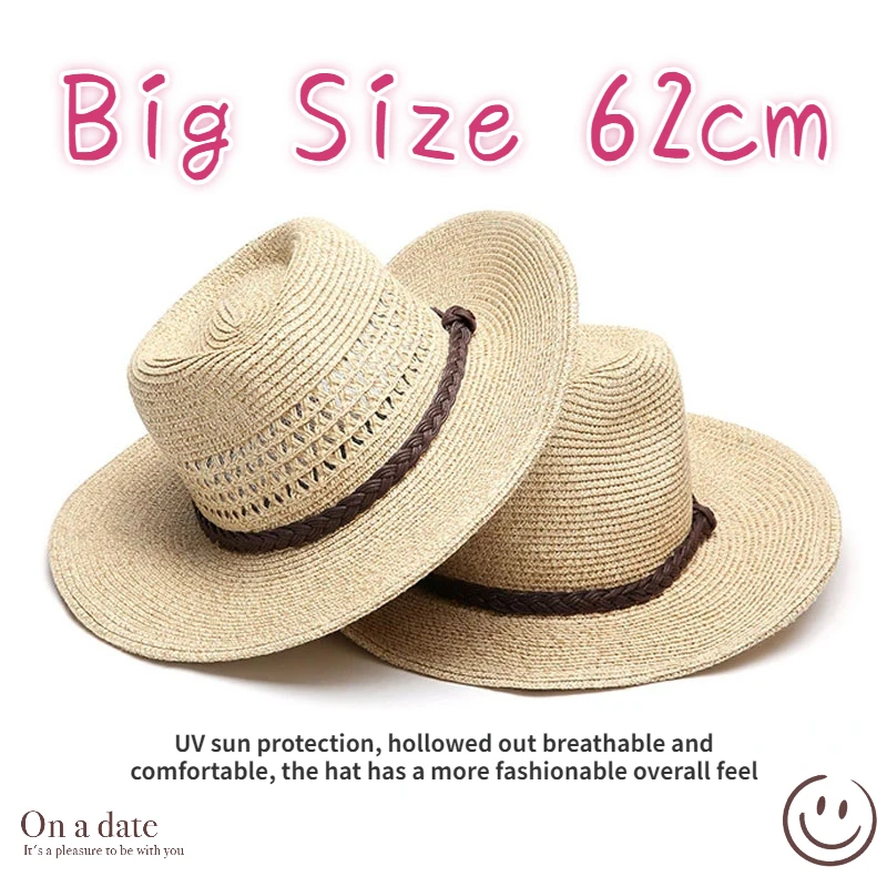 XL Big Size 62cm Panama Jazz Straw Hat for Women Men Hollow Out Summer Beach Sun Hat Foldable Windproof Rope UV Sunscreen