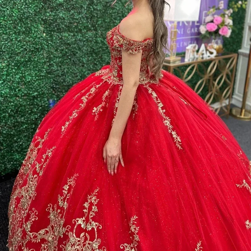 ANGELSBRIDEP Red Gold Applique Lace Beading Quinceanera Dress Ball Gown Puffy Tulle Off the Shoulder Sweet 16 Dress Vestidos 15
