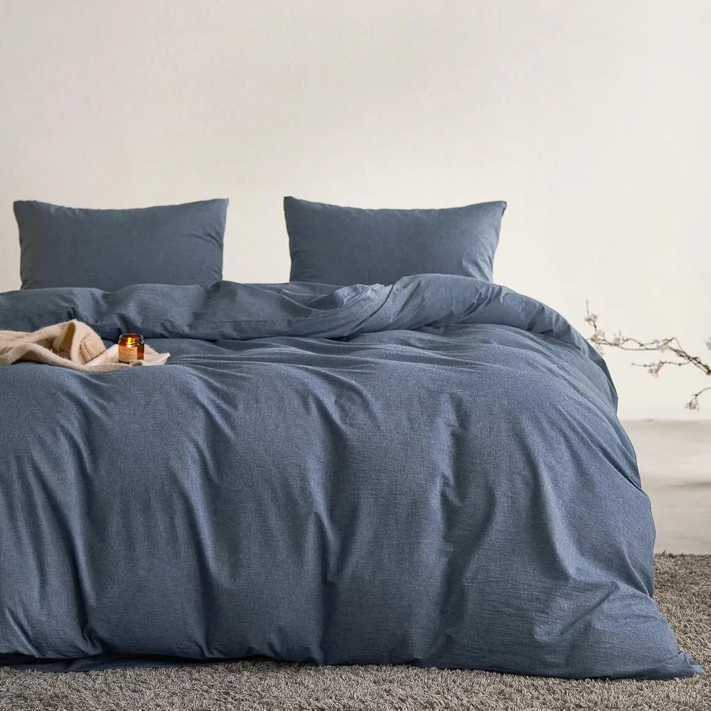 Queen Size Chambray Denim Blue Cotton Duvet Cover Set - 3