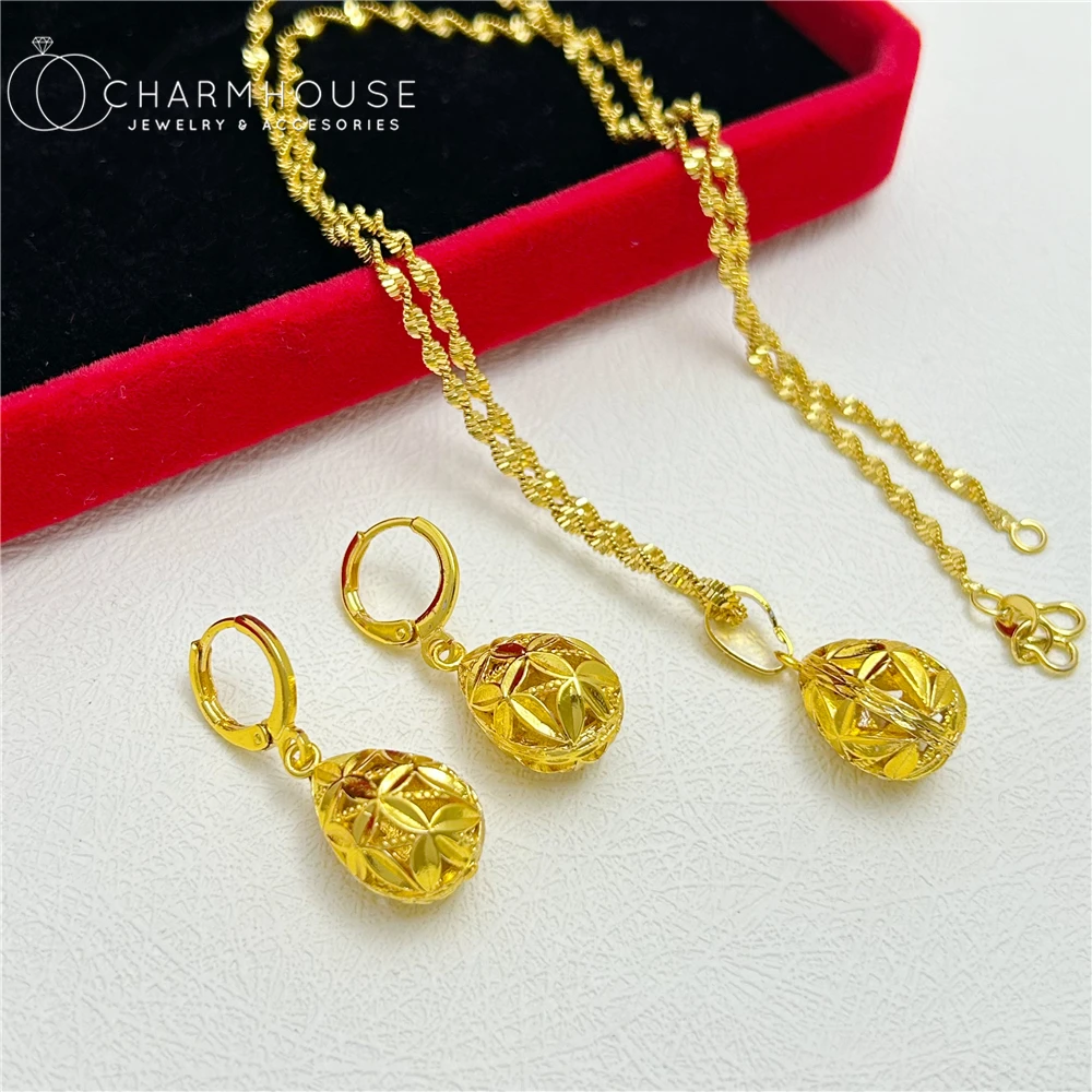 여성용 쥬얼리 세트, 24K 옐로우 골드 도금 워터 드롭 펜던트 목걸이 귀걸이 2 개 세트 주얼리 액세서리 파티 선물