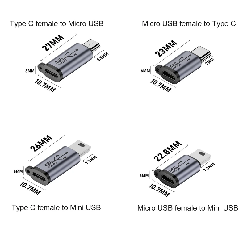 High-Speed Micro USB to Mini USB Adapter - Type-C Female to Mini USB Male Converter