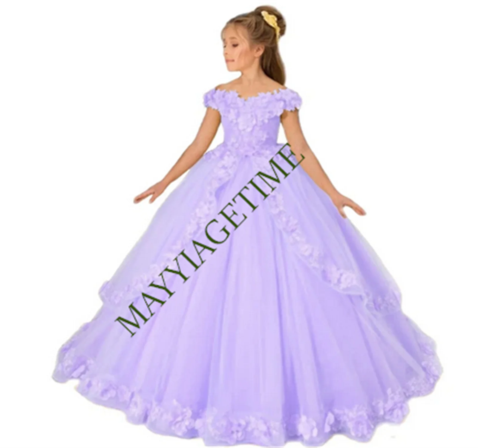 

Tulle Flower Girl Dresses For Wedding Off Shoulder Princess Pagenat Dress Long Kids 3D Applique First Holy Communion Party Gowns