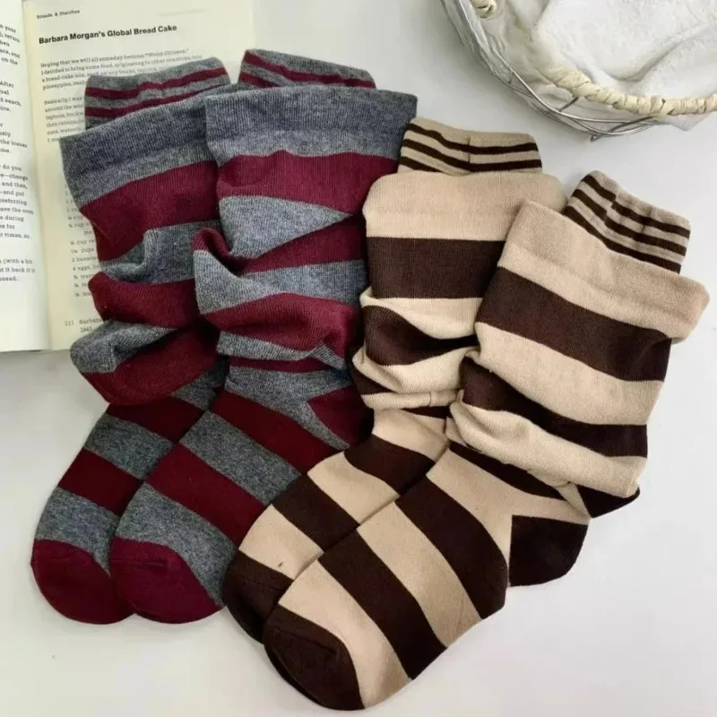Cotton Knitted Women Socks Casual Striped Collision School Girls Women Korean Style Harajuku Double-layer Fashion Long Socks