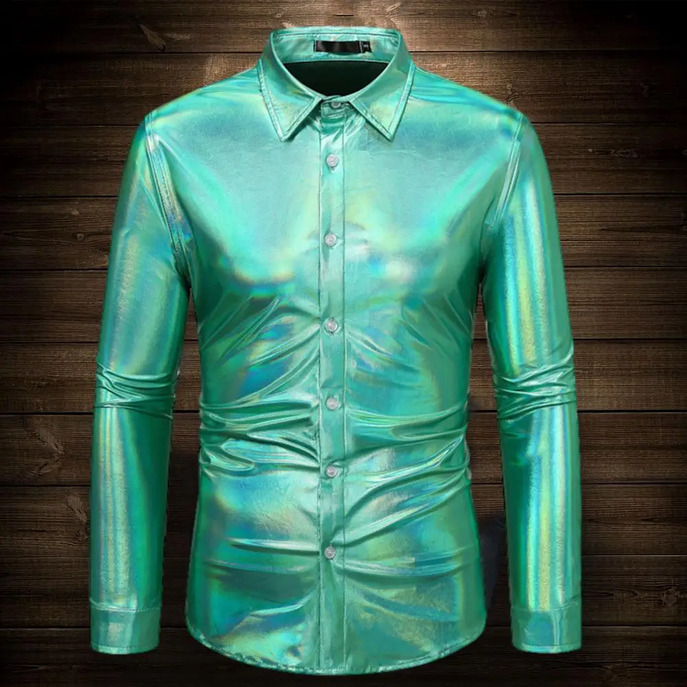 Lapel Long Sleeve Shirt Sequin Disco Shirt for Men Shiny Golden Long Sleeve Party Costume with Lapel Button Down for Christmas dress shirts men casual shirts