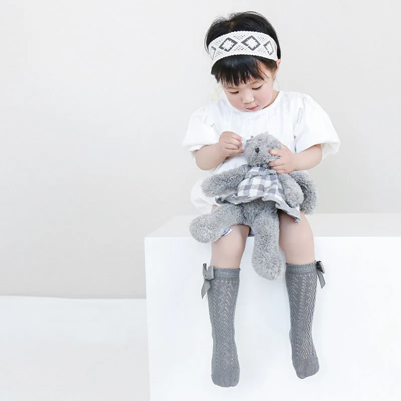 Summer Solid Color Spanish Bow Princess White Socks Mesh Hollow Out Thin Stitch Knee High Long Tube Stockings for Children Girls