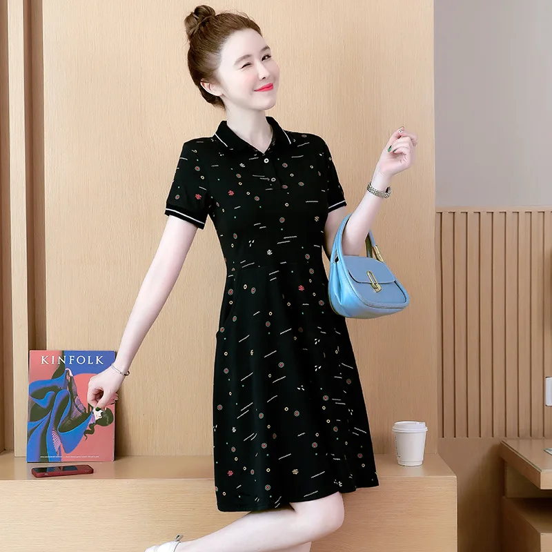 원피스 폴로 넥 얇은 반팔 티셔츠, 하이웨이스트 원피스, 블랙 블루 물방울 무늬 프린트, A 라인, 하라주쿠, 여름, 6447