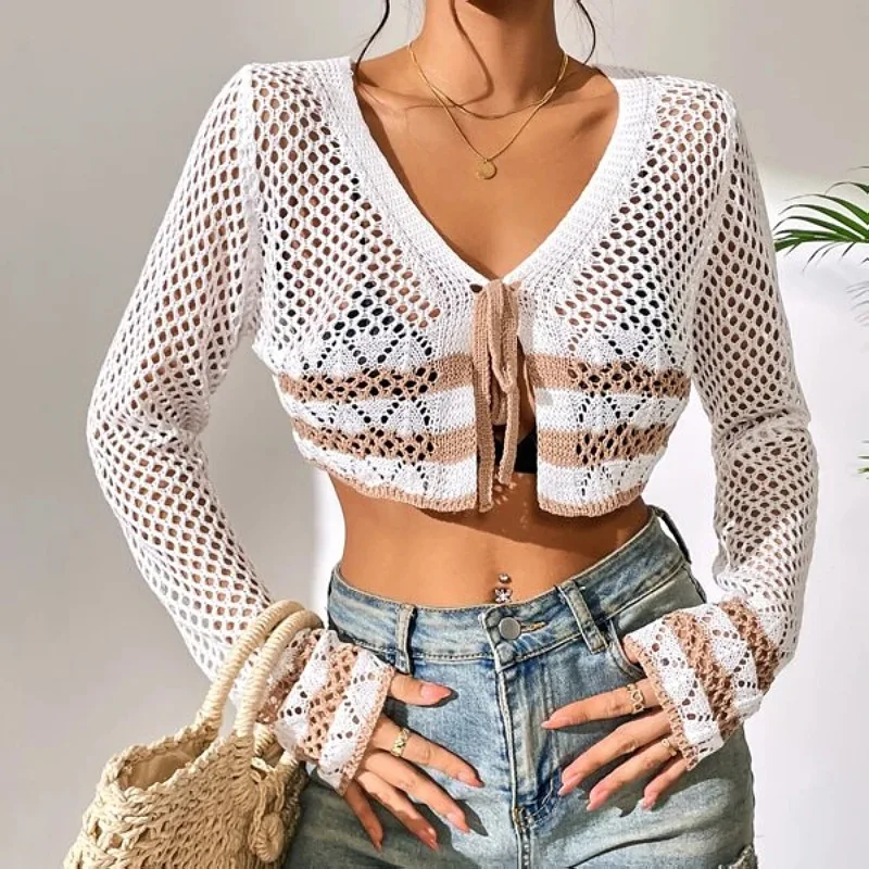 

Knitted V-neck Cardigan Women's Crop Top White Bikini Beach Hollow Lace Up Long Sleeve Cardigan Ultra-short Loose Ladies Tops