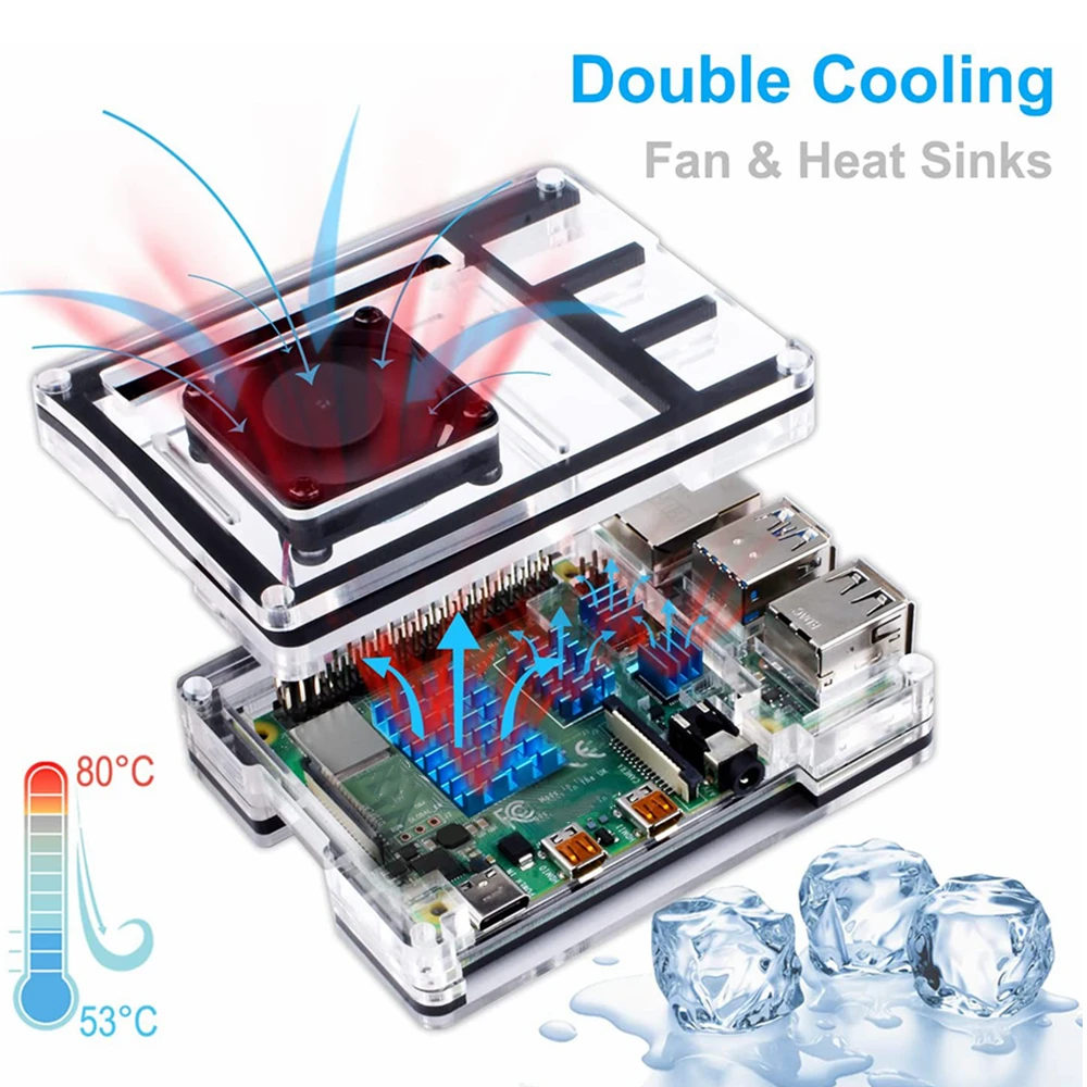 Acrylic Case for Raspberry Pi 4, Raspberry Pi 4 Case with Cooling Fan, 4pcs Aluminum Heatsinks for Raspberry Pi 4