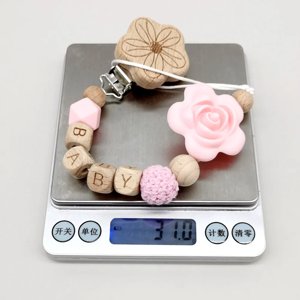 Personalized Name Flower Baby Pacifier Chain, Wooden Clip & Silicone Bead, Crochet & Alphabet Beads, Anti-Lost Dummy Strap