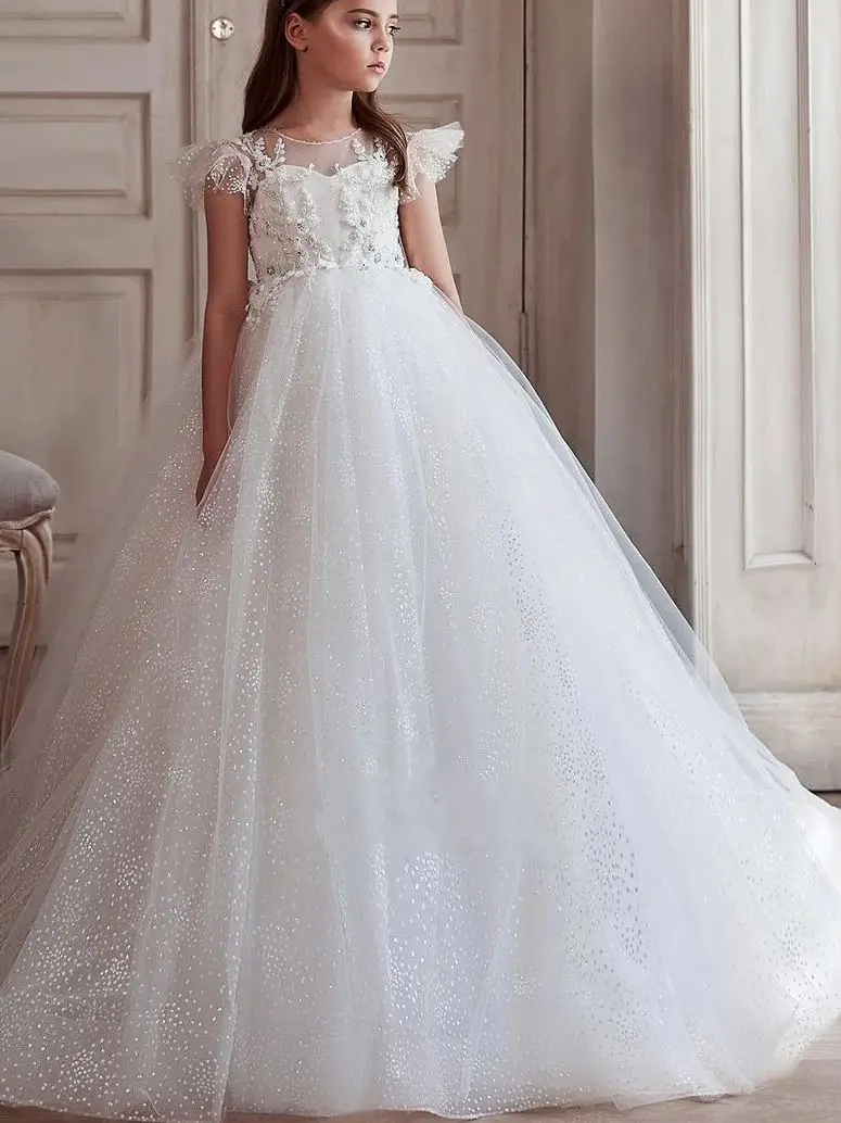 

Flower Girl Dress Glitter Tulle Appliques Children Wedding Party Gown First Communion Dress