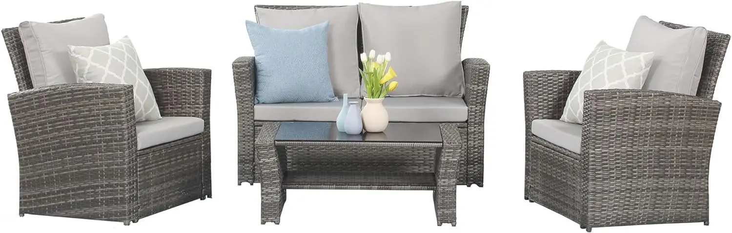 

4 Piece Outdoor Patio Furniture Sets, Wicker Conversation Set for Porch Deck, Gray Rattan Sofa Chair