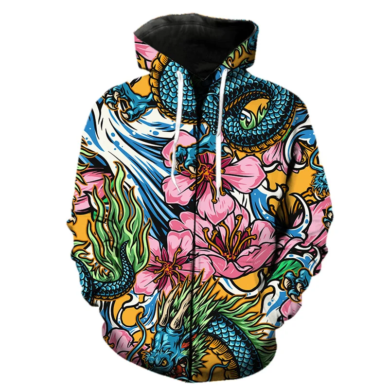 thumbnail image 1 of Sudadera con capucha y cremallera con diseño de dragón samurái y guerrero fantasma para hombre, estilo Harajuku, con estampado 3D de carpa, informal, de manga larga, para primavera, 1 of 5
