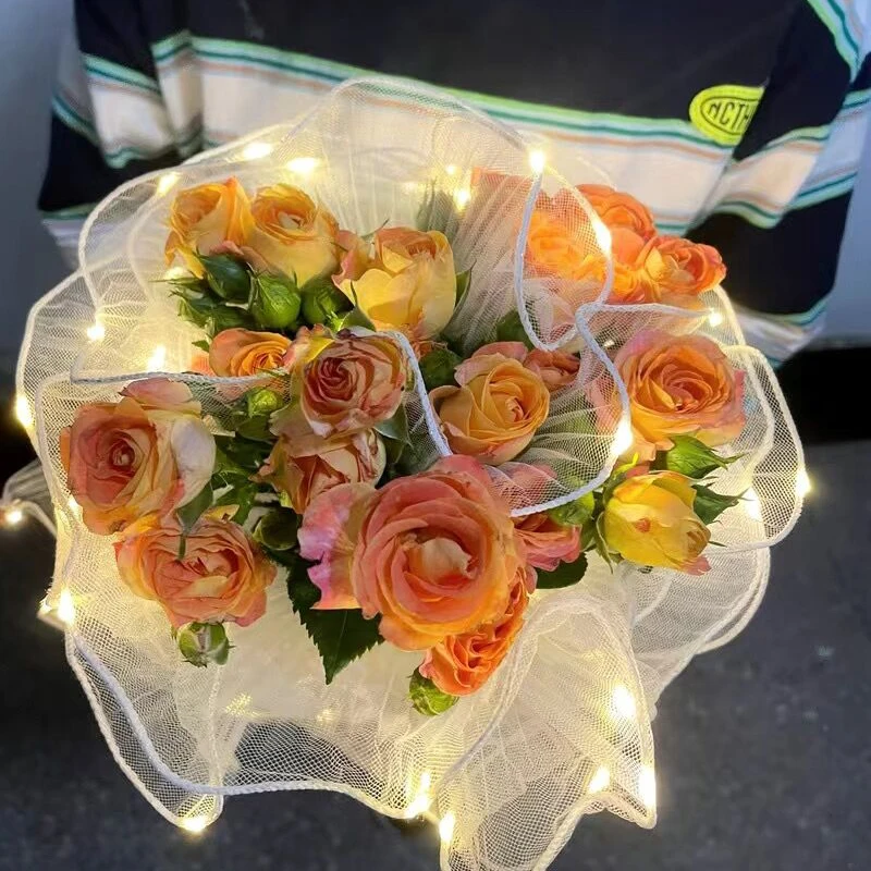 LED Light Flower Wrapping Mesh Yarn DIY Handmade Wedding Bouquet Flower Wrap Paper Birthday Party Valentines Day Gift Packaging