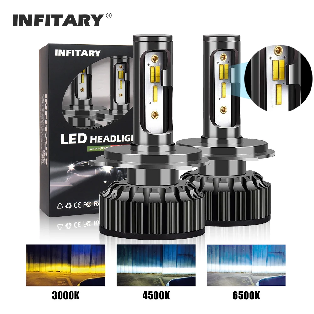 Infitary Car Headlight Bulbs H4 H7 H1 H3 H11 H13 880 9005 9006 HB4 20000LM 3 Color Change 3000K 4500K 6500K Auto Fog Lamps