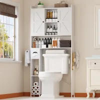 Over The Toilet Storage Cabinet with Metal Frame and 7 Storage Shelves, Bathroom Organizer with Adjustable Shelves, Paper Holder 1