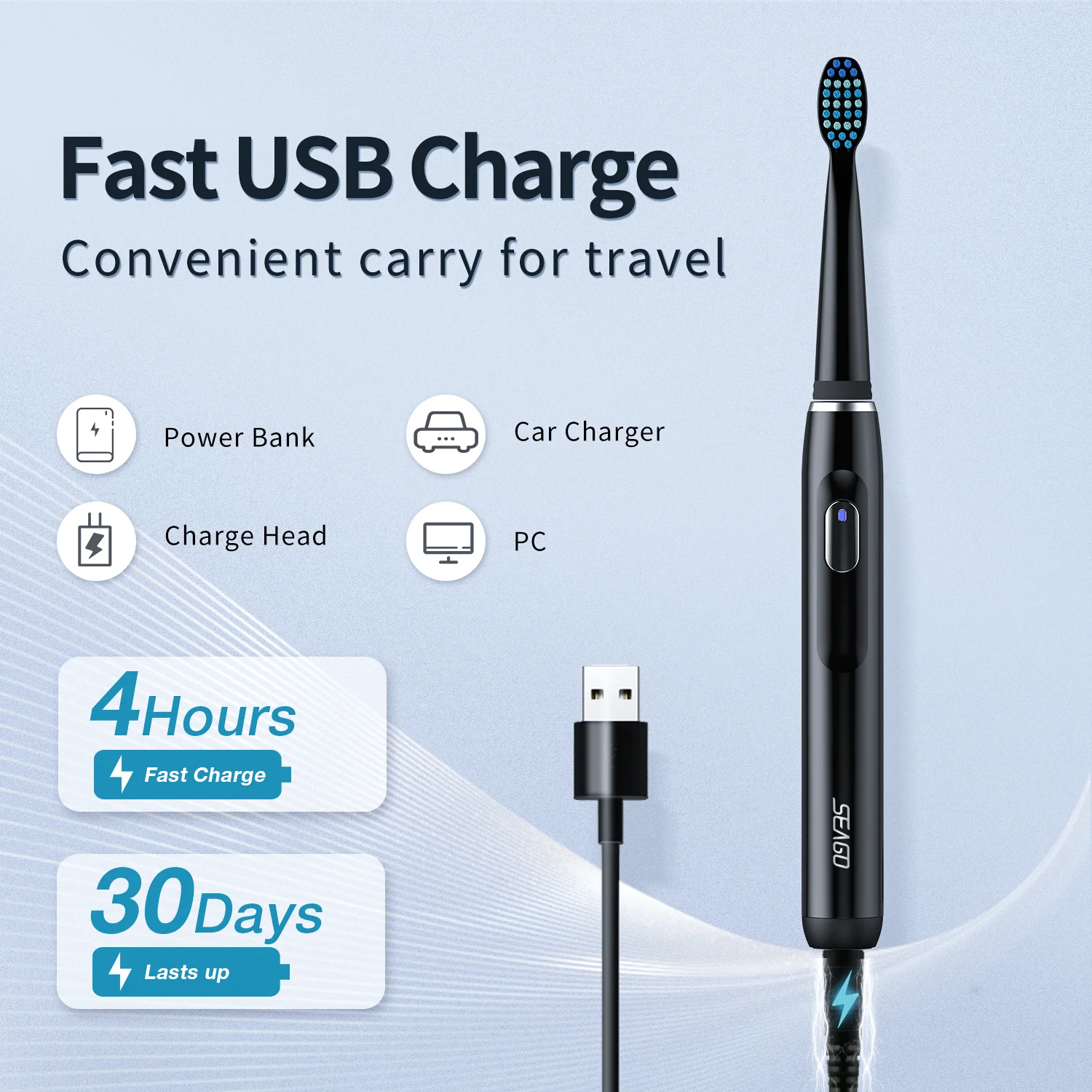 Electric Toothbrush Rechargeable Sonic Toothbrush with 4 Modes Portable Electric Toothbrushes for Adults with 2Pcs Brush Heads