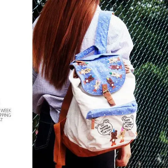 

2024 New Korean Edition Adhesive Embroidered Canvas Large Capacity Student Schoolbag Ins Cute Cartoon Teddy Bear Travel Backpack