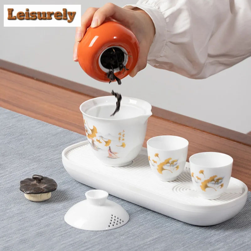 White Porcelain Travel Travel Tea Set Kit Handmade 1 Pot 2 Cups Tea Maker Kettle Tea Caddy Organizer Portable Camping Handbag