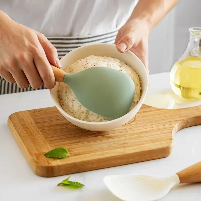 1PC High Temperature Silicone Spoon Nonstick Rice Serving Spoon Wooden Handle Kitchen Utensils Kitchen Tools