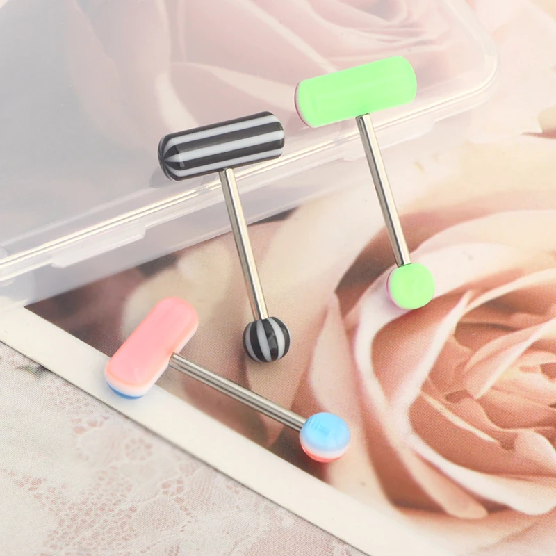 Pill Tongue Ring Barbell 14G Surgical Steel Tongue Rings with Mix-Color Uv Shaped Tongue Piercings Tongue Ring with Ball Piercin