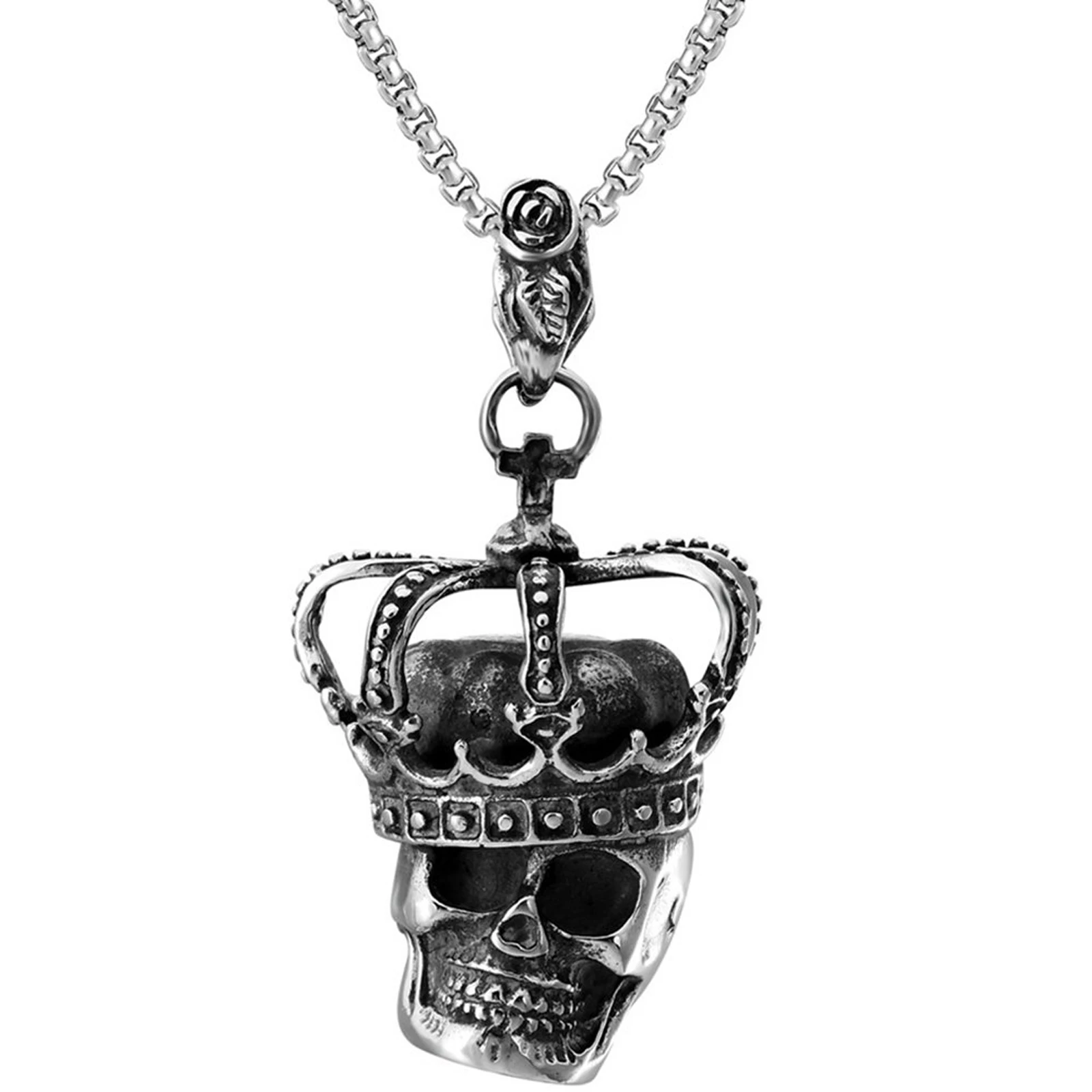 Unisex Viking Retro Crown Skull Stainless Steel Pendant Necklace Punk Biker Jewelry