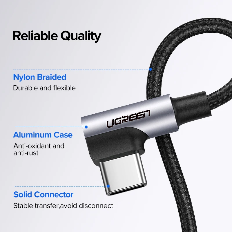 UGREEN Nylon USB C Cable 90 Degree Fast Charger USB Type C Cable for Xiaomi Mi 8 Samsung Galaxy S9 Plus Mobile Phone USB-C Cord