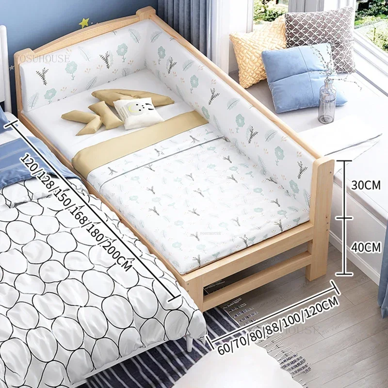 Nordic Solid Wood Small Children's Beds with Guardrails Single Bedside Bed for Boys and Girl Widened Spliced Large Bed Furniture