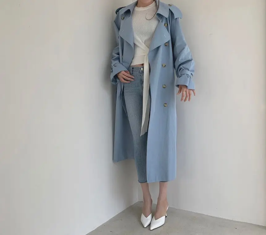 Women Long Trench Coat New Spring Autumn Casual Lapel Double Breasted with Belt Loose Coat Office Lady Korean Fashion Outerwear