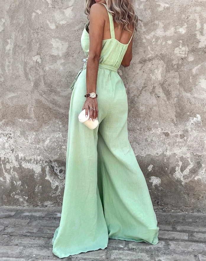Women's Jumpsuit 2024 New Buttoned Sleeveless Tied Detail V-Neck Sling Jumpsuit Solid Color High Waisted Vacation Long Jumpsuit