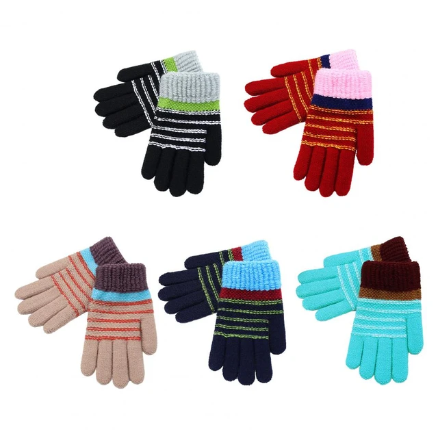 1 Pair Children Winter Gloves Student Writing Gloves Knitted Soft Thick  Plush Elastic Striped Color Matching Five Fingers Anti-s - AliExpress