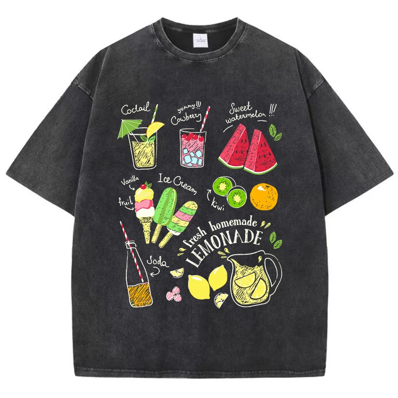 Fruit Tea Cold Drinks Ice Cream Prints Cotton Washed T-Shirt Women Oversize Tops Street Distressed O-Neck T Shirt Summer Clothes