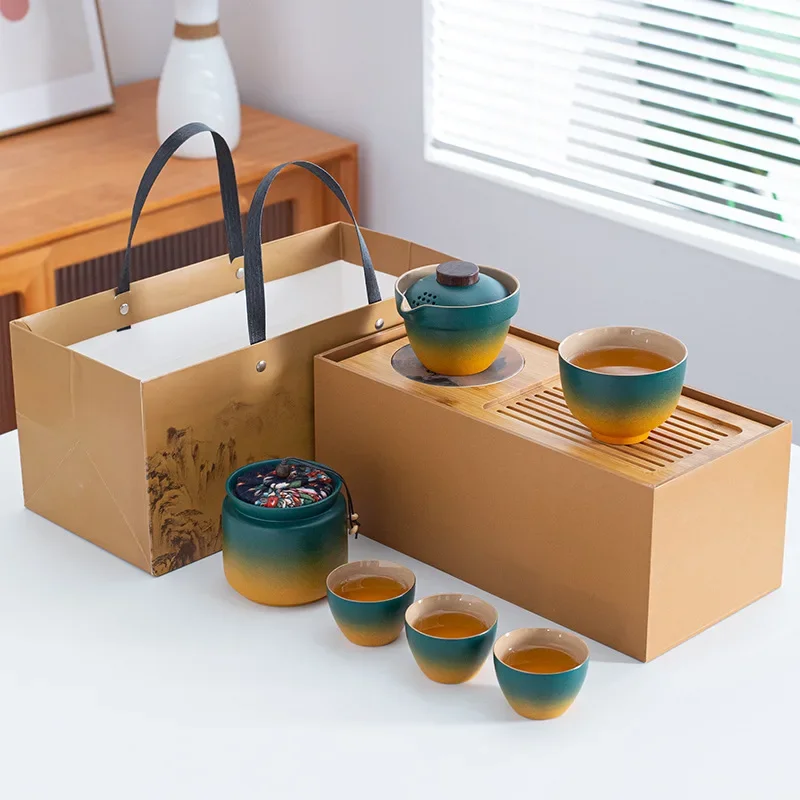 Travel tea set Kuaike cup, one pot, three cups, portable cover bowl, small set, outdoor kung fu set, tea advertising gifts
