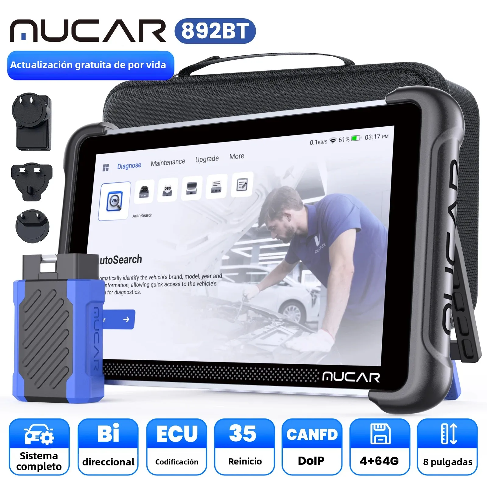 Outil de diagnostic automobile OBD2 MUCAR 892BT avec fonction IA, 35 fonctions de réinitialisation, codage ECU bidirectionnel, diagnostic complet du système à vie gratuit, 35 fonctions de réinitialisation