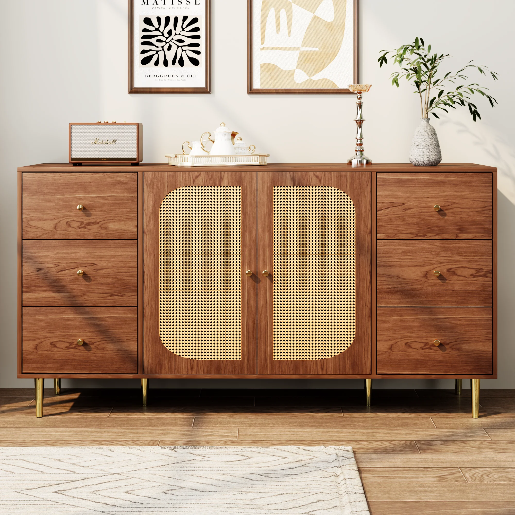 160 x 40 x 90 cm braunes Rattan-Sideboard, unabhängiger Aufbewahrungsschrank aus Holz mit Schublade für Küche, Zuhause und Wohnzimmer – Detail 1
